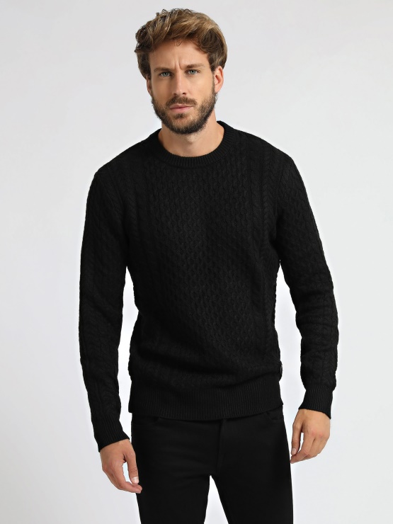 črn Pleten Pulover Iz Mešanice Volne Guess