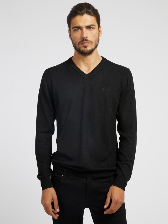 črn Pulover Z V Izrezu Guess