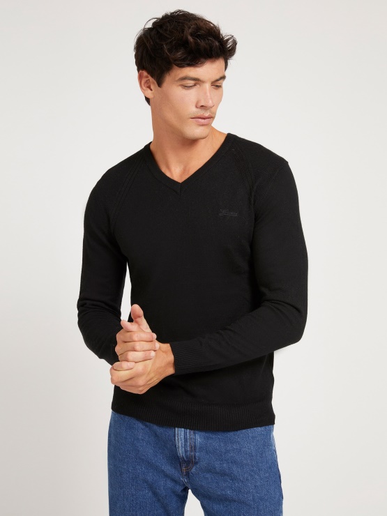 črn Pulover Iz Mešanice Viskoze Z V-izrezom
