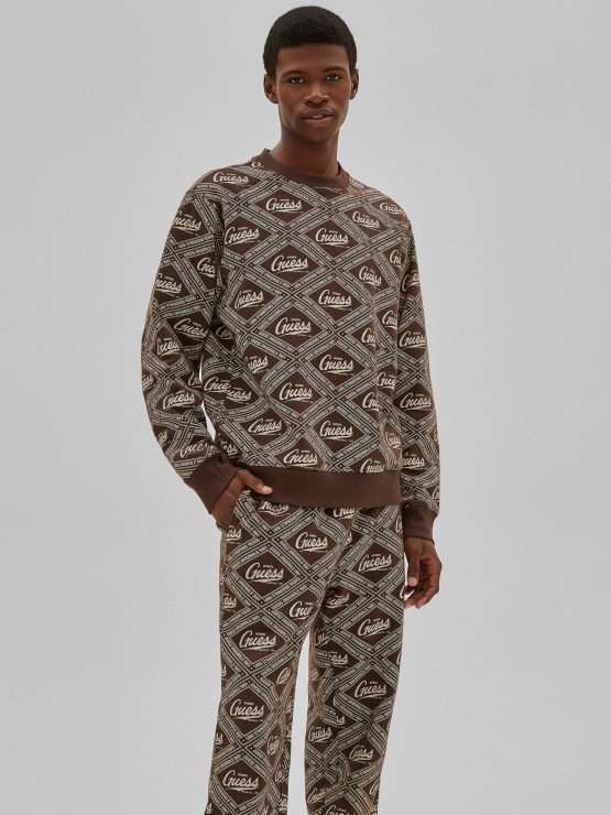 Guess Rjavi Pulover Z Logotipom Večplastne Barve