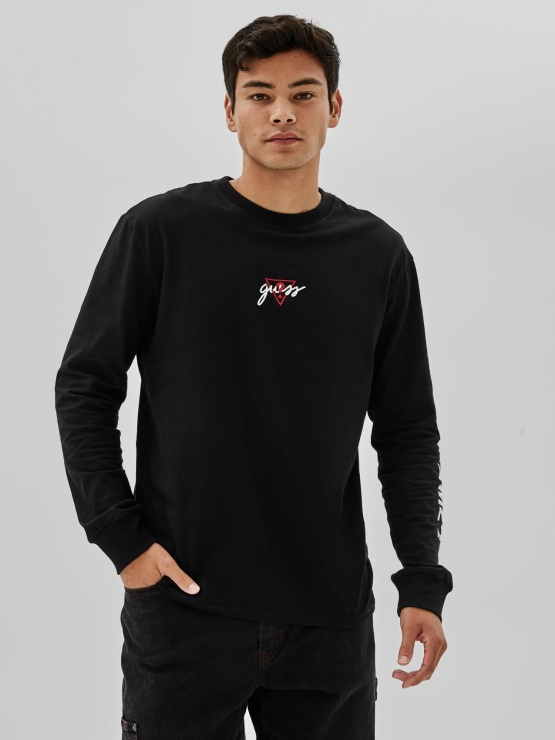 Guess Pulover S Potiskom Na Zadnji Strani, črn