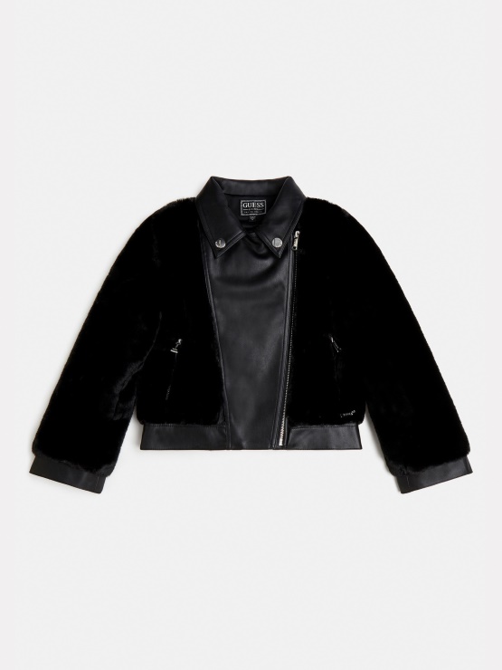 črna Jakna Iz Umetnega Usnja In Krzna Guess