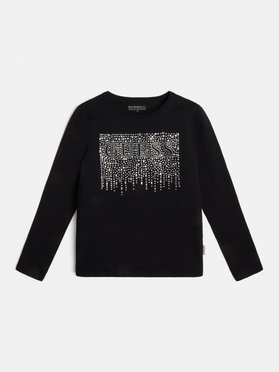 črna Majica Z Logotipom Rhinestones Guess