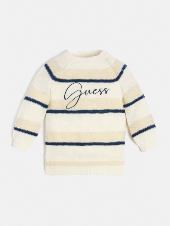 črtast Pulover Obleka Bela Guess