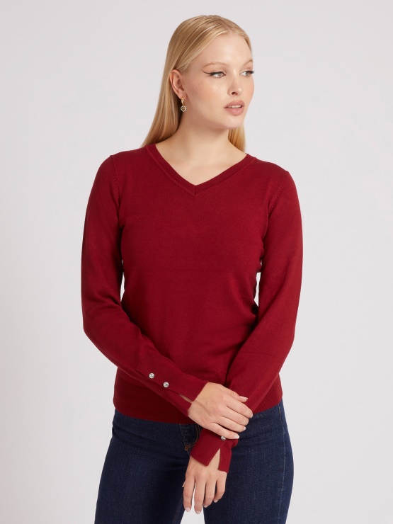 Guess Rdeč Pulover Z V Izrezu