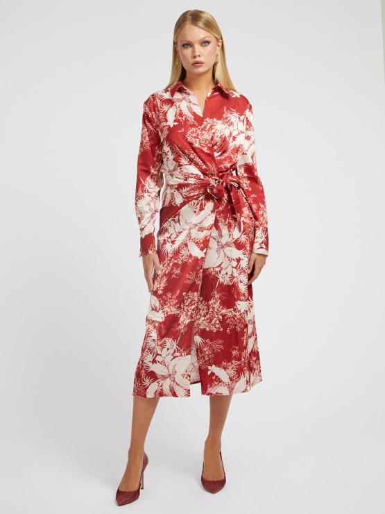 Dolga Obleka S Cvetličnim Potiskom Guess Rdeča