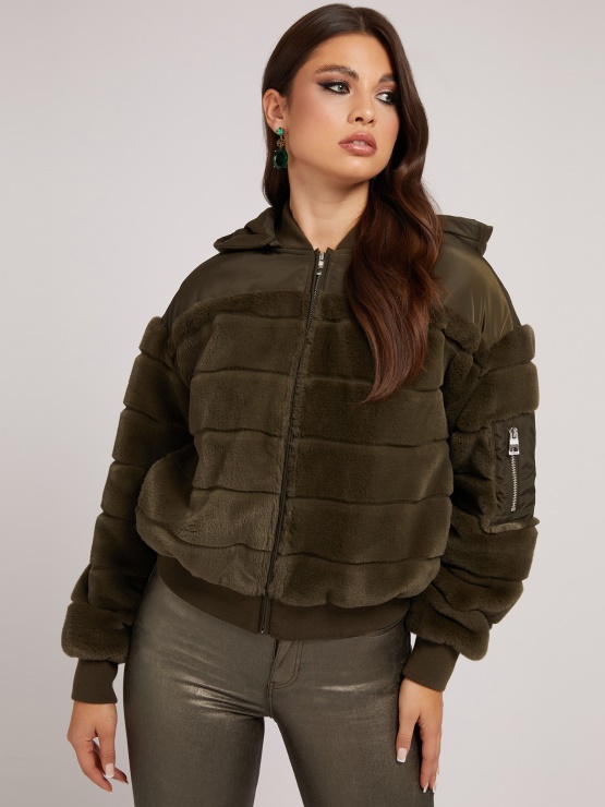 Guess Najlonski Bomber Iz Umetnega Krzna, Zelen Multi