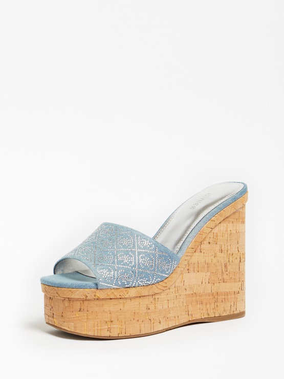 Catiae Rhinestone Denim Wedge Mule Blue Guess