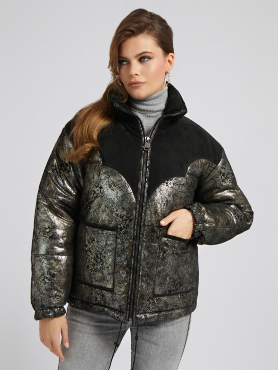 Guess črn Puhavec Iz Pravega Usnja S Potiskom Paisleyja