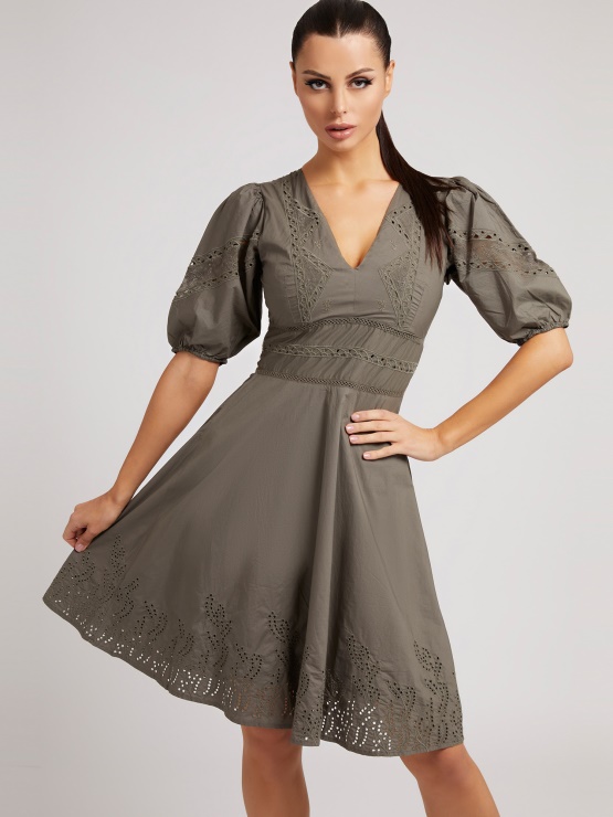 Bombažna Obleka Z Vezjem Guess Zelena