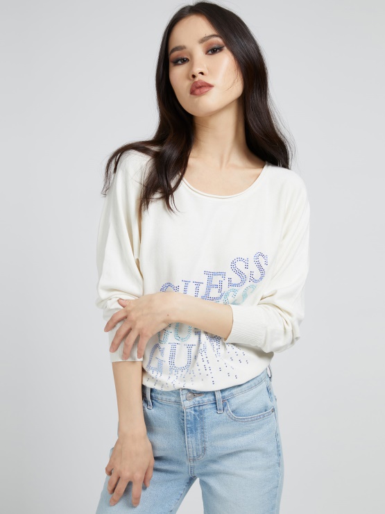 Bel Pulover Z Logotipom Okrasnih Kamnov