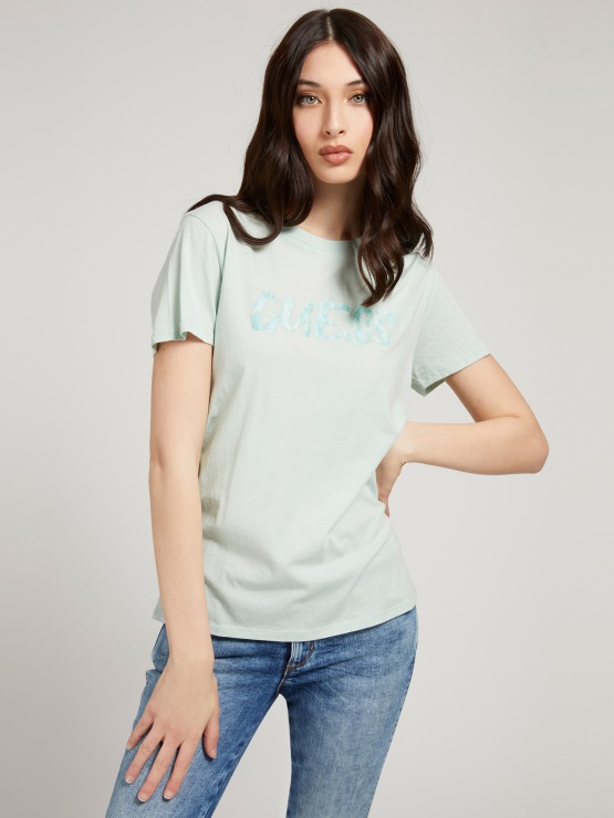 Logotip Sprednja Majica Svetlo Zelena Guess