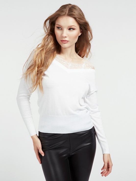 Bel Pulover S čipkastimi Detajli Na Ramenih