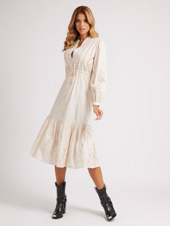 Bombažna Vezenina Dolga Obleka Guess Bela