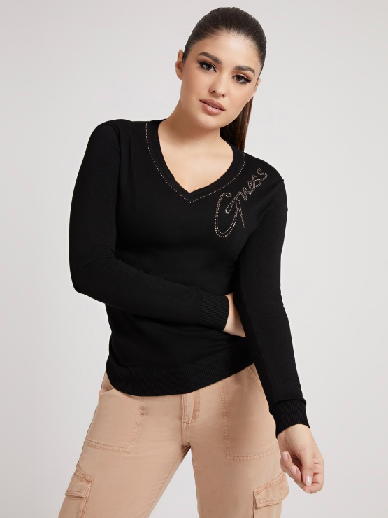 črn Pulover Z Vezenjem Logotipa Guess