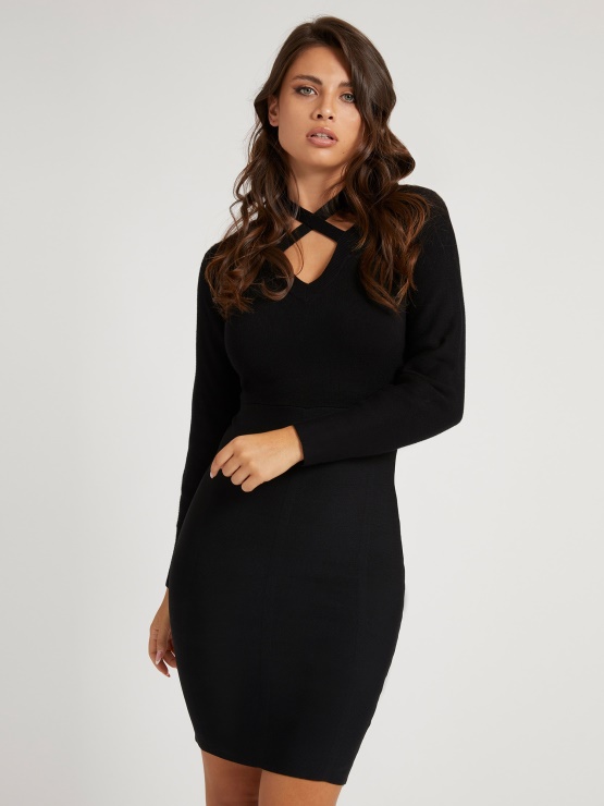 črna Rebrasta Obleka Guess