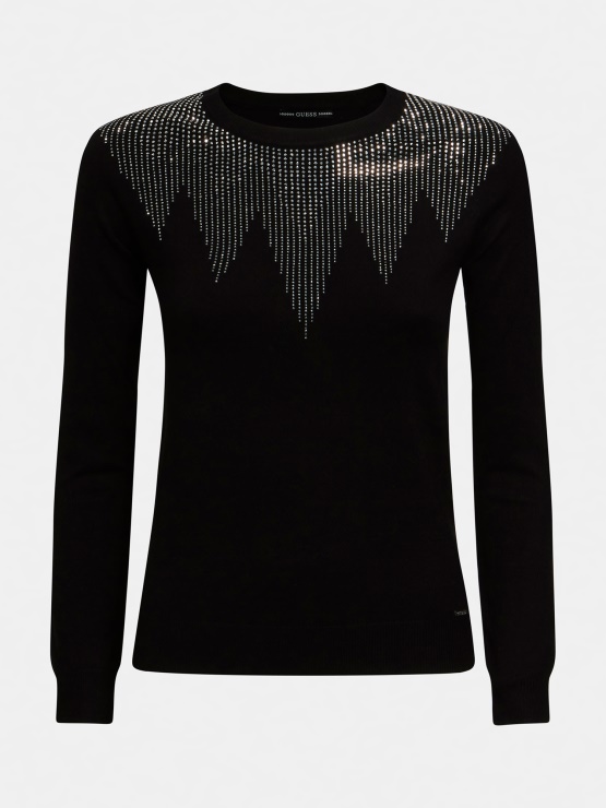 Guess črn Pulover Z Aplikacijo Draguljev