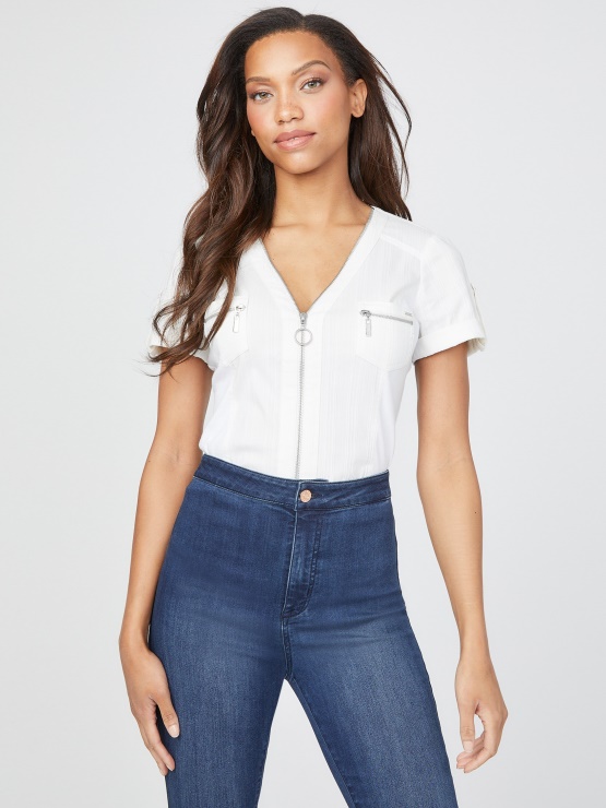 čisto Bela Majica Z Zadrgo Guess Raya