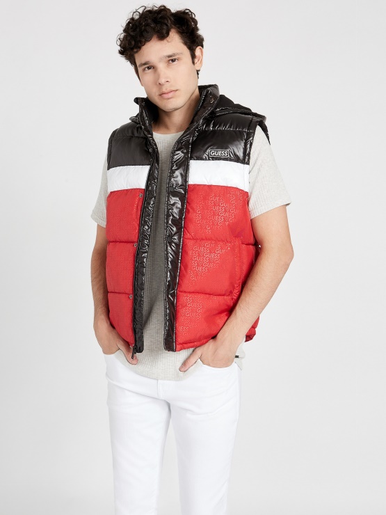Varsity Red Multi Guess Eco Yung Color-block Pufer Brezrokavnik S Kapuco