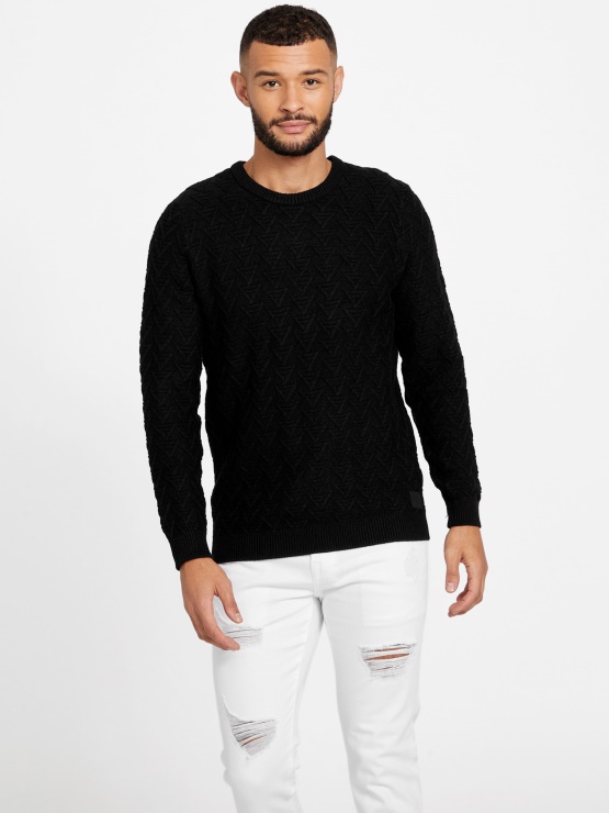 Guess Jet črn Pulover Z Okroglim Izrezom Z Geometrijo