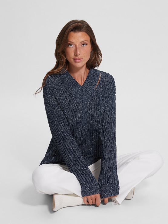 Lise Pulover Z Izrezom črno Moder Lurex Mult Guess