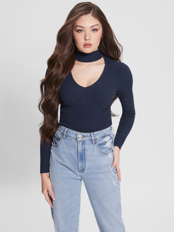 črno Moder Pulover Z Bleščicami Z Izrezom Guess