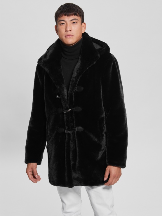 Guess Udoben Duffle Coat Iz Umetnega Krzna Jet črna