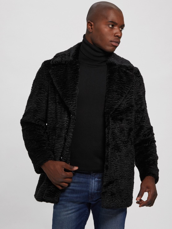 Guess Jet črn Astrahan Plašč Iz Umetnega Krzna