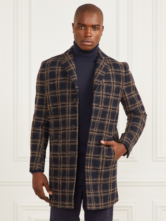 Guess Dnevni Enoprsni Plašč Iz Mešanice Volne Modro Rjav Makro Karo