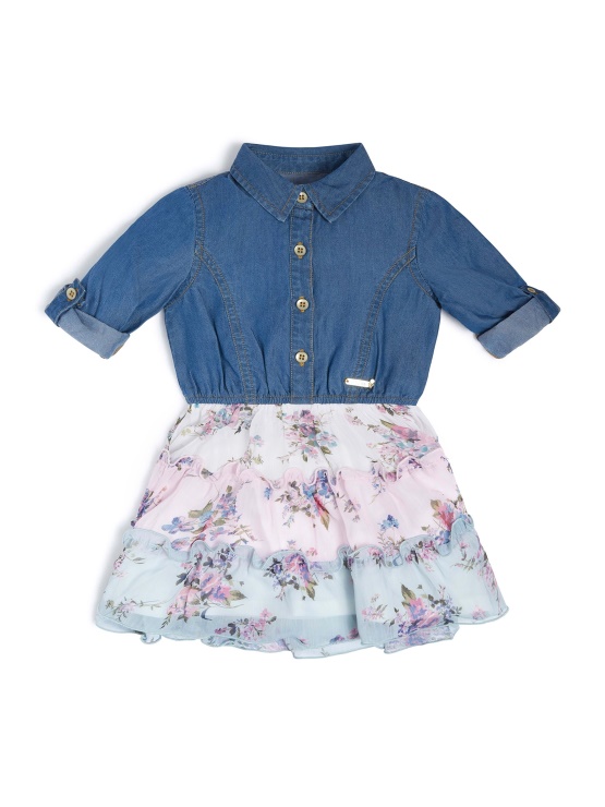 Guess Vintage Sijoče Modra Mešana Obleka Iz Chambrayja In šifona (2-7)